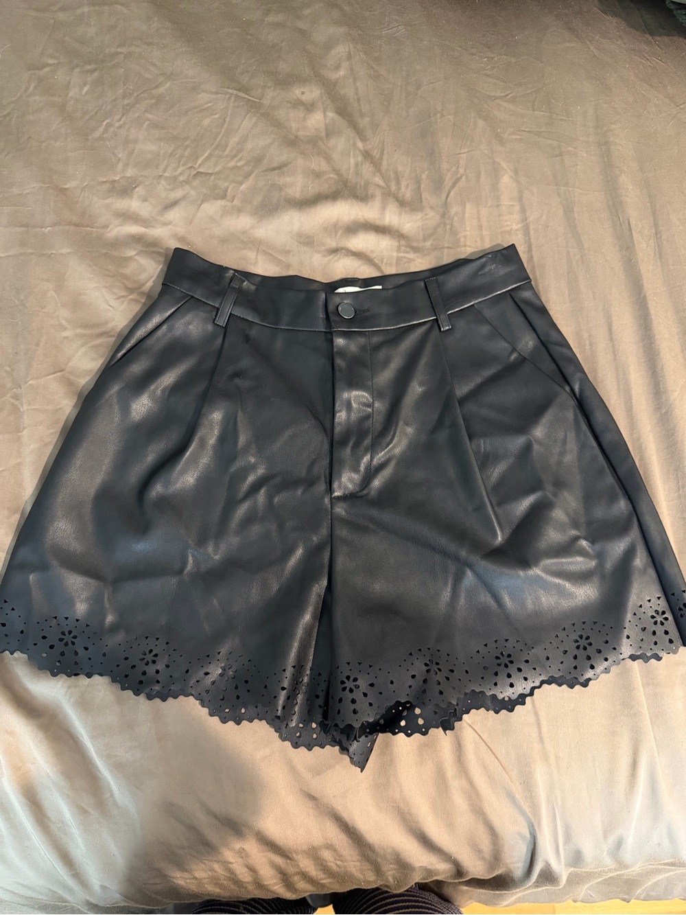 Vibrant Black Faux Leather Scalloped Hem Skort